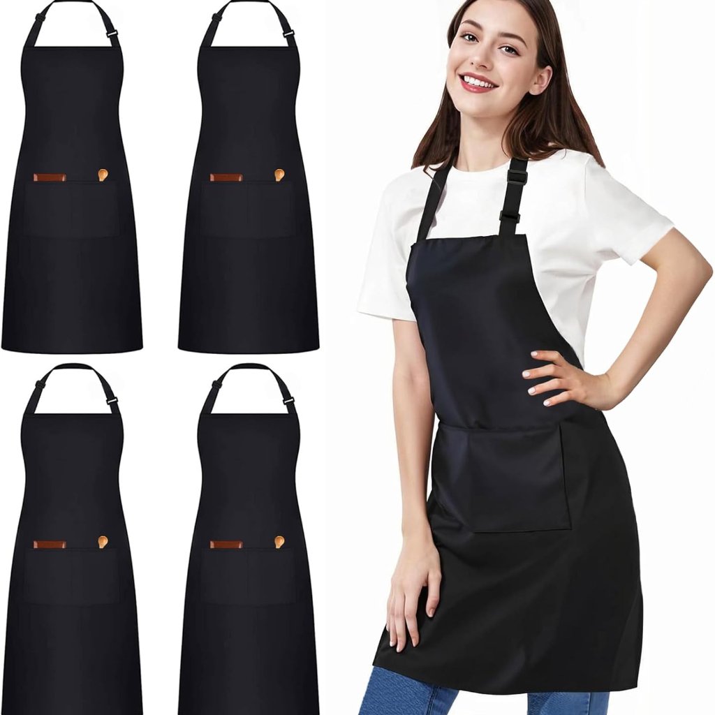 4 Packs Black Waterproof Apron, Adjustable Apron With 2 Pocket For Men Women, Pr